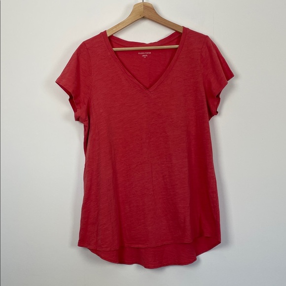 Eileen Fisher Organic Cotton Short Sleeve Women L Red V-Neck Pullover Tunic Top - Picture 1 of 8